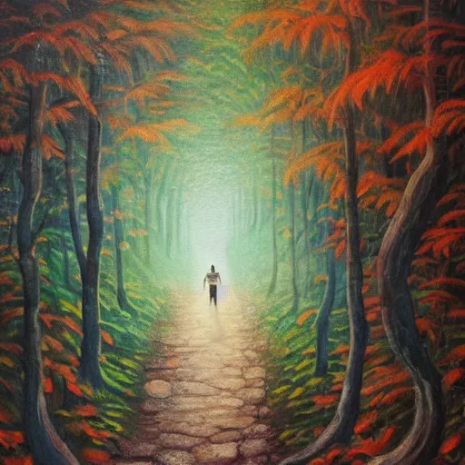 Image similar to a painting of a person walking through a forest, a storybook illustration by jon coffelt, pixiv contest winner, metaphysical painting, storybook illustration, acrylic art, oil on canvas