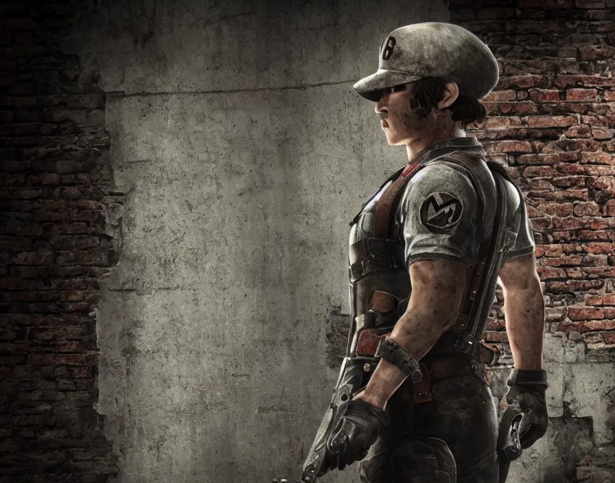 Image similar to mario hiding behind a brick wall, resident evil, silent hill, beautiful texture, beautiful graphics, fantasy artwork, very beautiful scenery, hd, hdr, ue 5, ue 6, unreal engine 5, cinematic 4 k wallpaper, 8 k, ultra detailed