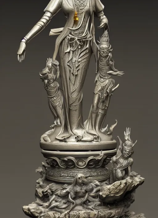 Image similar to a art deco sculpture statue of full body guanyin, intricate complexity,, statue by jane hamilton, ruan jia, character concept, radiant light,, frostbite 3 engine, cryengine, dof, trending on artstation, digital art, fantasy detailed abackground