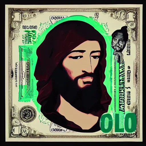 Image similar to painting of Jesus in the style of Alec monopoly, raining money