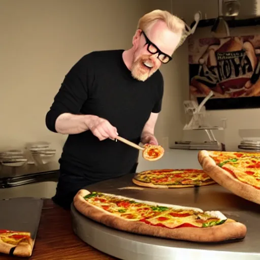 Prompt: adam savage attempting to play a pizza like a piccolo, photo realistic, extreme detail