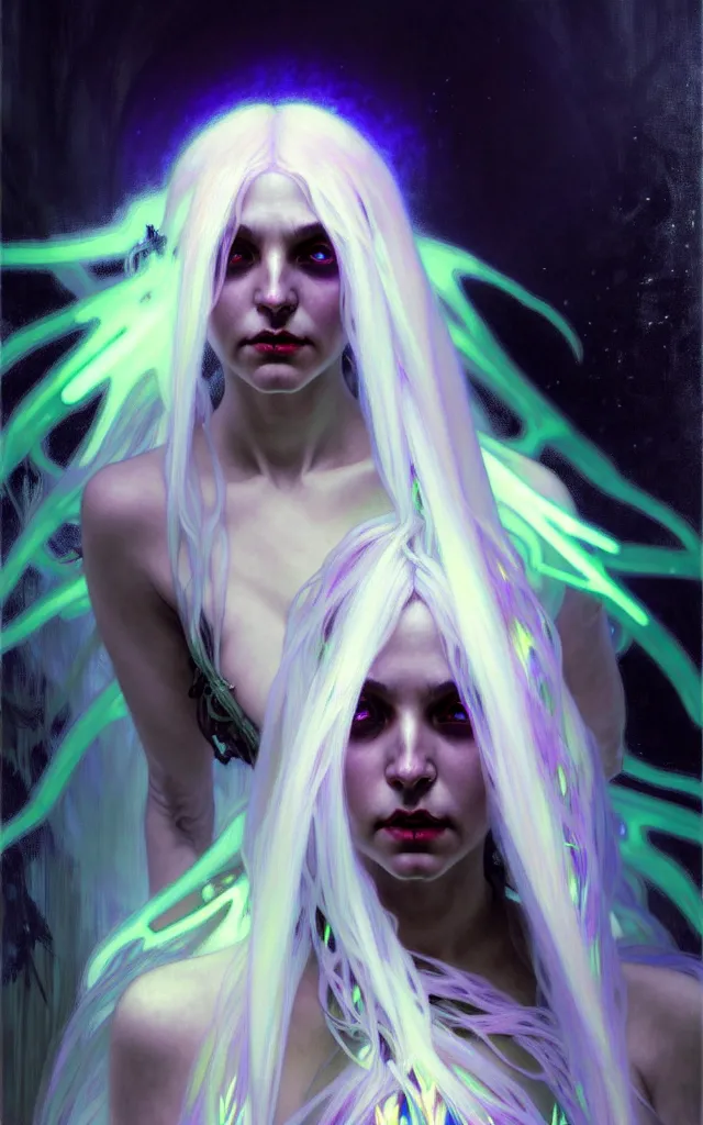 Image similar to hyperrealist portrait of a dark fairy with white hair and neon eyes, wearing a long robes that fall like stars, by jeremy mann and alphonse mucha, fantasy art, photo realistic, dynamic lighting, artstation, poster, volumetric lighting, very detailed faces, 8 k, award winning