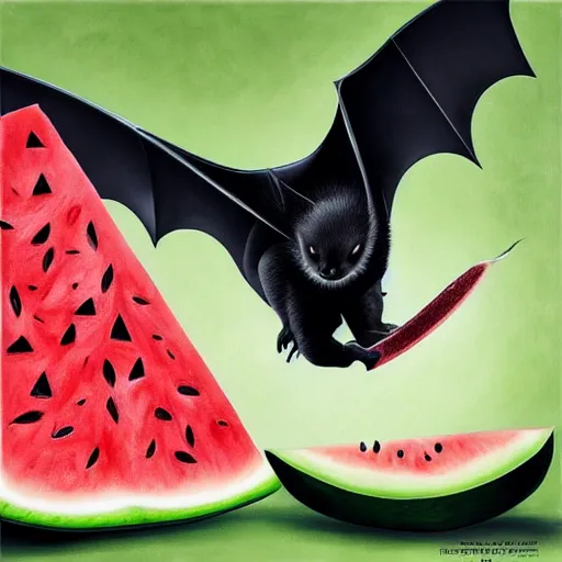 Image similar to cute realistic bat sits and eats a triangle slice of watermelon, highly detailed, sharp focus, digital painting, artwork by Victor Adame Minguez + Sandro Botticelli