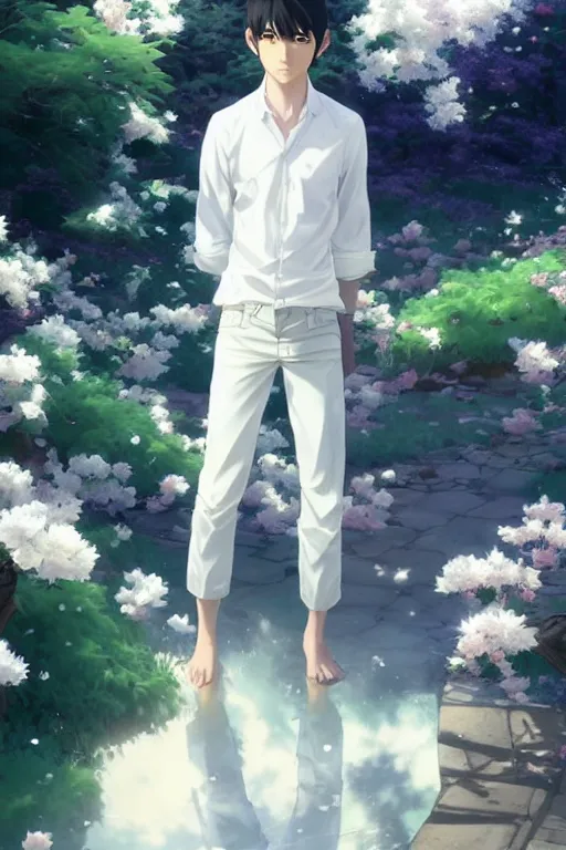 Image similar to a beautiful charming and dreamlike japanese boy in white shirt, sakura background, character art, art by makoto shinkai, artgerm lau and kyoung hwan kim and and ilya kuvshinov and john singer sargent, hyperdetailed, 8 k realistic, symmetrical, frostbite 3 engine, cryengine, dof, trending on artstation, digital art