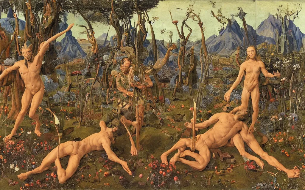 Image similar to a portrait photograph of a meditating satyr and a centaur monk riding a rocket machine and hunting at a river delta. surrounded by bulbous flowers and trees. mountain range under a blue sky of fiery stars. by jan van eyck, max ernst, ernst haeckel, ernst fuchs and artgerm, cgsociety, fashion editorial, 8 k