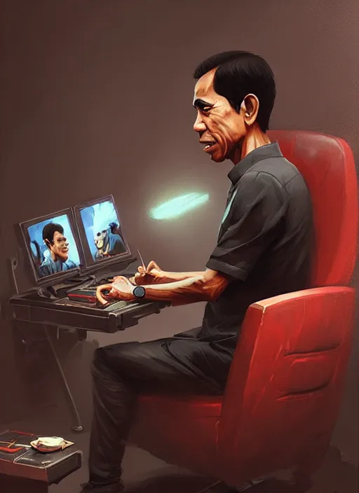 Image similar to portrait of jokowi playing playstation. highly detailed, digital painting, concept art, smooth, sharp focus, illustration, art by greg rutkowski