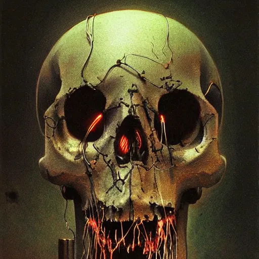 Image similar to horrific cyborg, horror movie lighting, exposed skull and wires, beksinski art style,