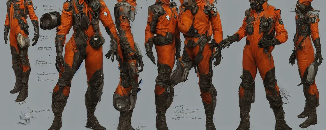 Prompt: character design, reference sheet, gaunt, 70's jetfighter pilot, unshaven, optimistic, dirty orange flight suit, concept art, photorealistic, hyperdetailed, 3d rendering! , art by Leyendecker! and thomas moran,