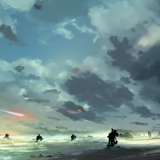 Prompt: soldiers storming the beaches of normandy on d - day, highly detailed, digital painting, concept art, sharp focus, by makoto shinkai