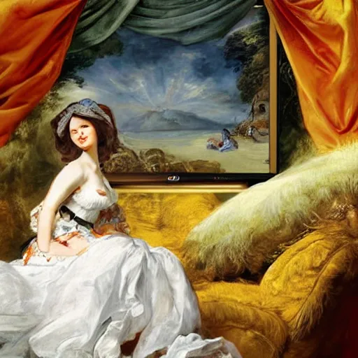 Prompt: heavenly summer sharp land sphere scallop well dressed lady watching television, auslese, by peter paul rubens and eugene delacroix and karol bak, hyperrealism, digital illustration, fauvist, watching television