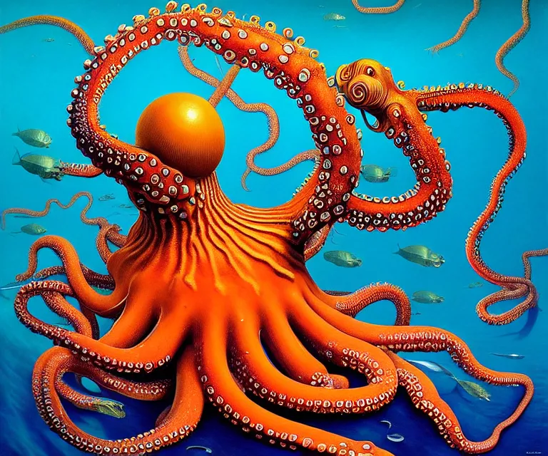 Image similar to hyper detailed 3d render like a Oil painting - a giant octopus patrolling the depths of the deep blue sea, by Jacek Yerka, Mariusz Lewandowski, Houdini algorithmic generative render, Abstract brush strokes, Masterpiece, Edward Hopper and James Gilleard, Zdzislaw Beksinski, Mark Ryden, Wolfgang Lettl, hints of Yayoi Kasuma, octane render, 8k