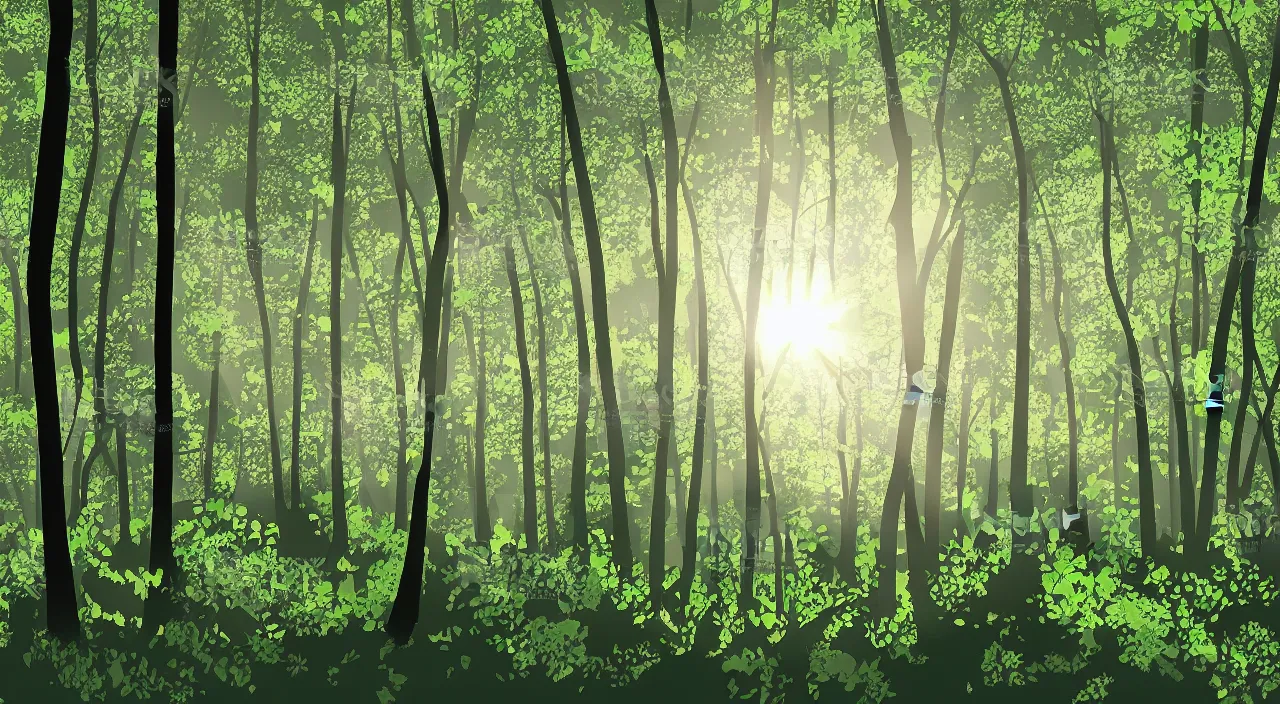 Image similar to vector art of the inside of a forest with sun rays shining through the trees, 4 k,