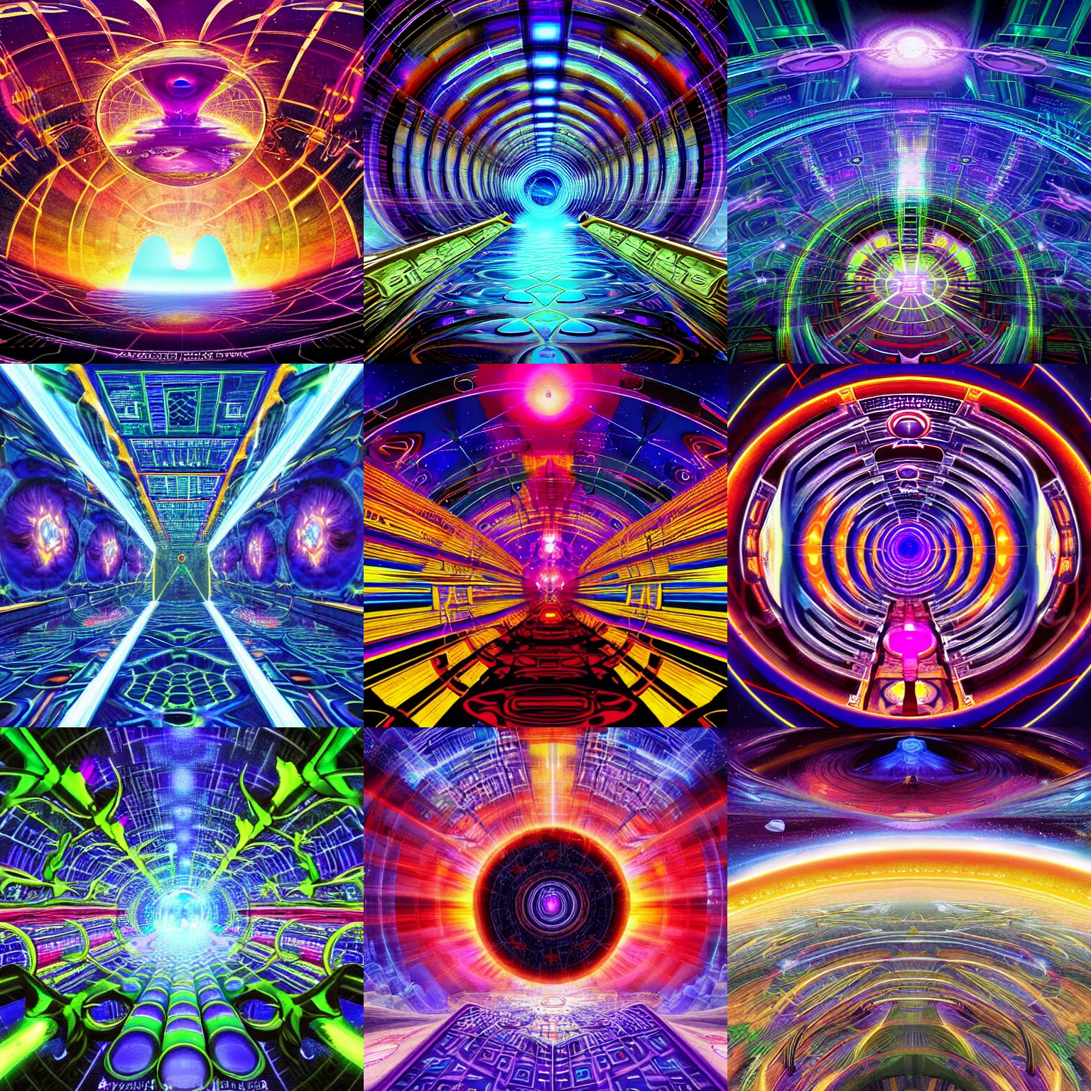 Prompt: DMT hyperspace portal nexus central station viewed from operator POV, enormous portals to heaven and hell can be seen, fantasy art