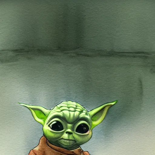 Image similar to view from above, medium - shot, baby yoda on a well lit path in a dimly lit forest, dramatic cloudy setting sun, watercolor and ink, muted color. minimalist, detailed ue 5