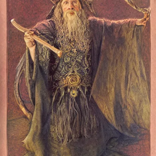 Image similar to Portrait of a sheep wizard holding a magical staff in ornamental magical robes, by Brian Froud, Jeff Easley, Alan Lee