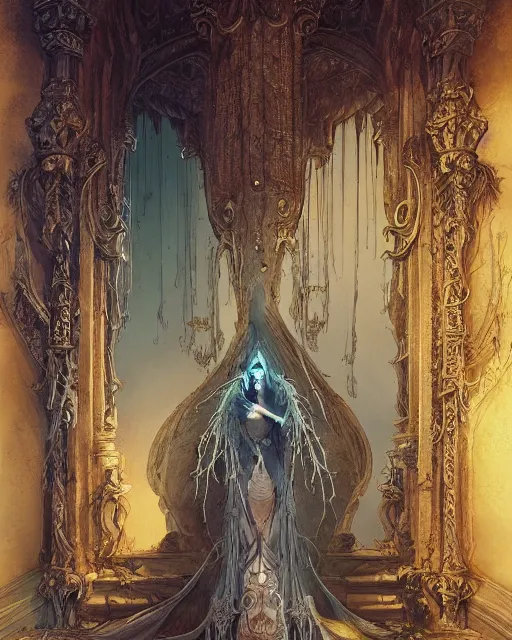 Image similar to a beautiful detailed front view of a dead rotten princess dressed in ornate baroque architecture, ornamentation, elegant, beautifully soft lit, by wayne barlowe, peter mohrbacher, kelly mckernan