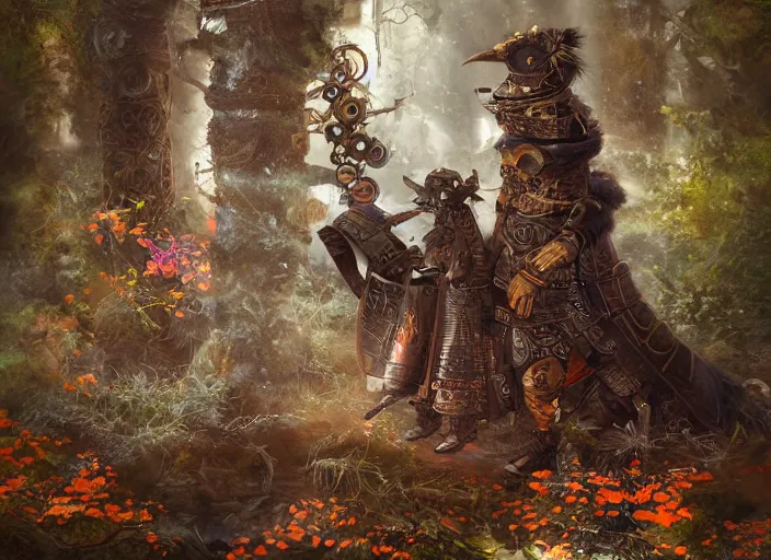 Image similar to ashigaru steampunk - inspired feathered mic, colorful plumage, lacquered armor, cute but determined, hard focus, art station, by jessica rossier and brian froud, cinematic fantasy painting, orange grey white, in a woodland glade