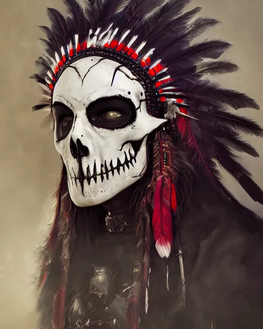 Image similar to the ghost - spirit of the grim - warpaint wears the scarlet skull armor and native blood headdress feathers, midnight fog - mist!, dark oil painting colors, realism, cinematic lighting, various refining methods, micro macro autofocus, ultra definition, award winning photo