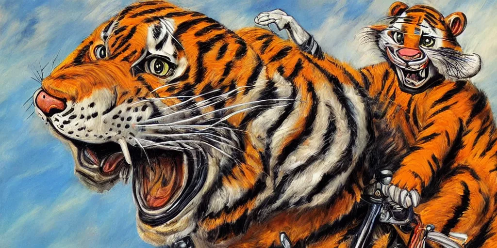 Image similar to tony the tiger riding a motorcycle, highly detailed fur, painted by salidor dali