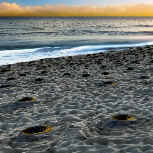 Image similar to oval-shaped woks on a beach with ocean in the background, photorealistic, 8k