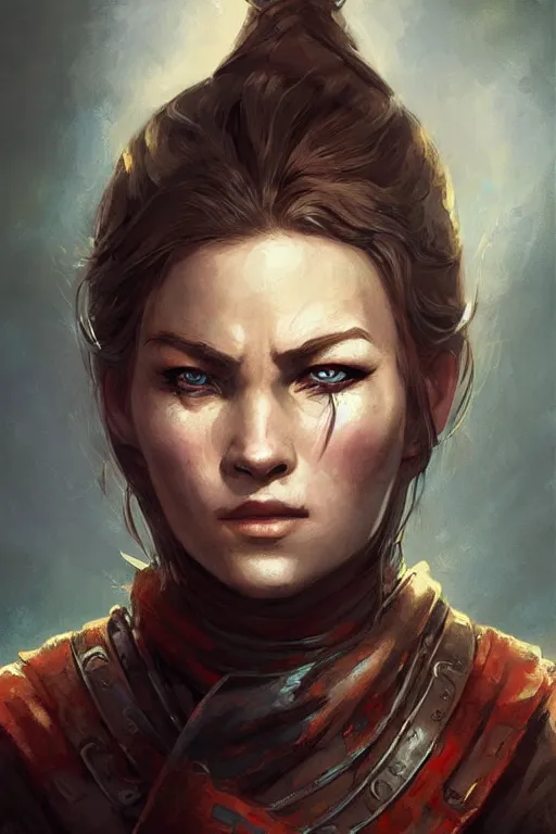 Image similar to the elder scrolls vi, charismatic rugged female nord warrior portrait, illustration, highly saturated colors, rim light, top light, perfectly shaded, soft painting, art by charlie bowater