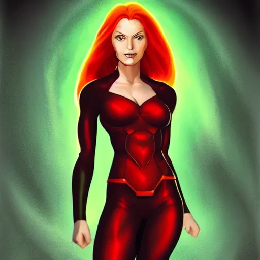 Image similar to jean grey, a full body portrait of jean grey, green eyes, red hair, phoenix rising, flames, flying, comic, x - men, highly detailed, artstation, deviantart, symetry, digital painting, vivid colors, realistic shaded perfect face, volumetric lighting, atmospheric, sharp focus, moody, in the style of alex ross, 8 k