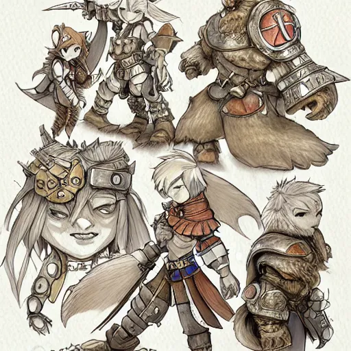 Prompt: heroic character design of anthropomorphic beaver, whimsical beaver, portrait of face, holy crusader medieval, final fantasy tactics character design, character art, whimsical, lighthearted, family friendly, colorized pencil sketch, highly detailed, Akihiko Yoshida,