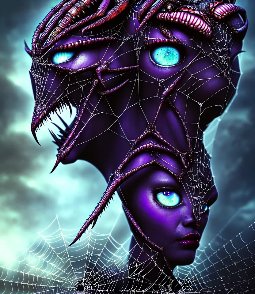 Image similar to close up portrait on the enchanting femenine queen of the zerg, hyper attractive, seductive, very complex, hyper-maximalist, overdetailed, legendary cinematic, darkfantasy, archetype with timeless beauty breathtaking eyes, her spider like legs spread evenly around her framing the image, collossal alien ship in the sky behind her, highly intricate, digital art, very elegant, HDR 8K, biblical art, realism, incomprehensible yet perspicious detail, unbeatable quality, silent hill aesthetic, photorealistic, lifelike, DSLR 8k, unbeatable coherency, Omnious intricate, octane render, created Nixeu & z--ed from deviantart