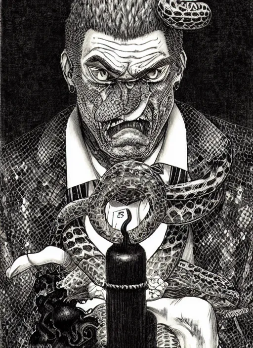 Image similar to portrait of a snake oil salesman by Kentaro Miura, it idn't greasy