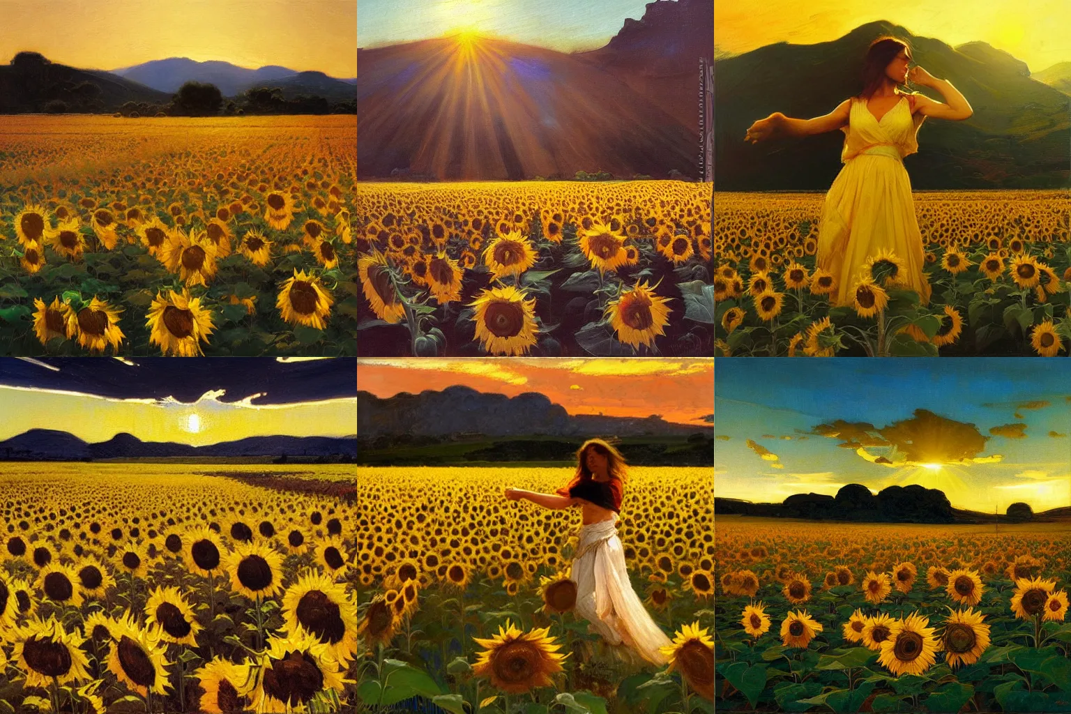 Prompt: An dramatic oil painting of a beautiful sunflower field in a mountain meadow at sunrise in the style of syd mead and phil hale john william waterhouse, sfumato