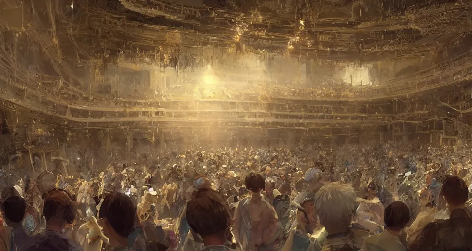 Image similar to craig mullins and ghibli digital art of inside the grand theater, a large audience, on the stage, masked female violinists, exotic costumes, gold jewelry, black hair, solo performance unreal engine, hyper realism, realistic shading, cinematic composition, realistic render, octane render, detailed textures, photorealistic, wide shot