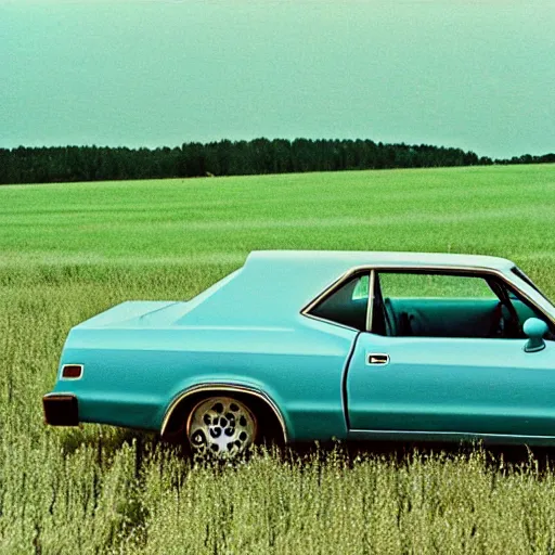 Prompt: A photograph of a (((((rusty, worn out, broken down, beater))))) Powder Blue Dodge Aspen (1976) in a farm field, photo taken in 1989