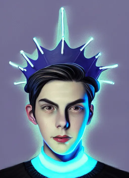 Image similar to portrait of teenage jughead jones wearing a light grey crown, crown, blue turtleneck, 1 9 5 0 s, closed eyes, photorealistic, black hair, glowing lighting, intricate, elegant, glowing lights, highly detailed, digital painting, artstation, concept art, smooth, sharp focus, illustration, art by wlop, mars ravelo and greg rutkowski