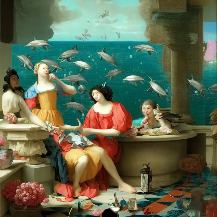 Image similar to pieter de hooch, dolphins, trending on artstation, highly detailed, vaporwave surreal ocean, dolphins, pool, checkerboard pattern underwater, cuastics, award winning masterpiece with incredible details, artstation, a surreal vaporwave vaporwave vaporwave vaporwave vaporwave painting by thomas cole of old pink marble mannequin head