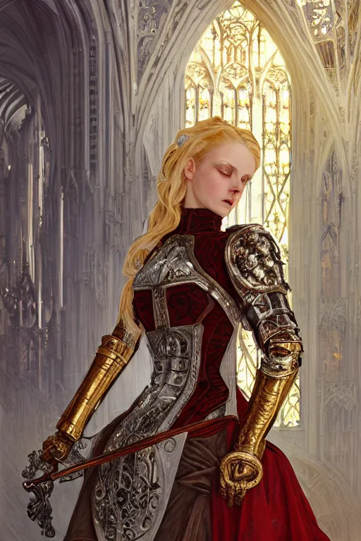 Image similar to beautiful luxury and elite and victorian and holy medieval female red and white silver mirror color armor knight portrait+smoky eyes+light flowing golden blonde hair, in ruin gothic cathedral, ultradetail face, art and illustration by tian zi and craig mullins and WLOP and alphonse mucha, fantasy, intricate complexity, human structure, fantasy world concept, watermark, blurry, hyperrealism 8k