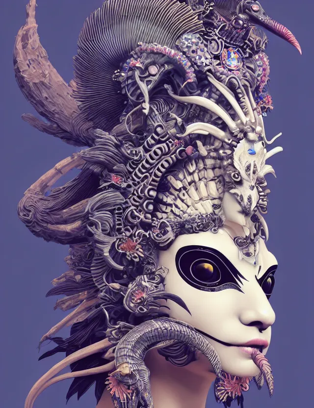 Prompt: 3 d goddess close - up profile punk portrait ram skull. beautiful intricately detailed japanese crow kitsune mask and clasical japanese kimono. betta fish, jellyfish phoenix, bio luminescent, plasma, ice, water, wind, creature, artwork by tooth wu and wlop and beeple and greg rutkowski