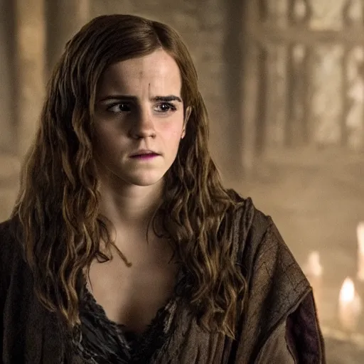 Image similar to ashamed emma watson as hermione granger in that infamous game of thrones scene