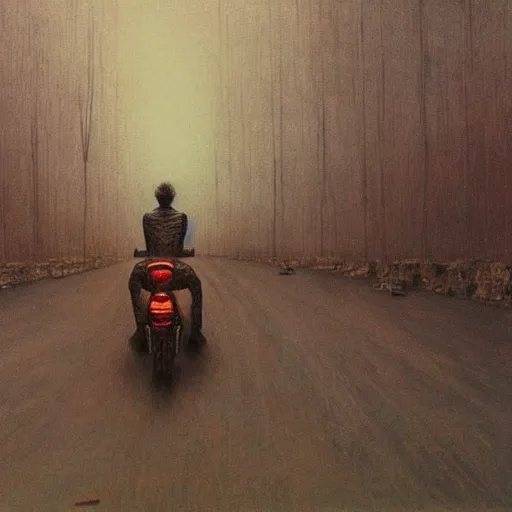 Image similar to lone apocalyptic traveler on a motorcycle riding through new york, highly detailed beksinski painting