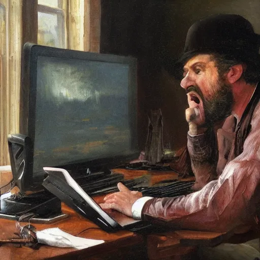 Image similar to an angry man yells at his computer monitor, oil on canvas, 1 8 8 3, highly detailed