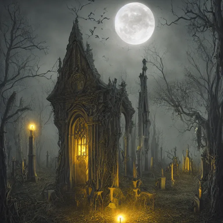 Prompt: a spooky gothic graveyard by alex horley orlandelli, eerie yellow moonlight, fantasy, artstation, smooth, illustration