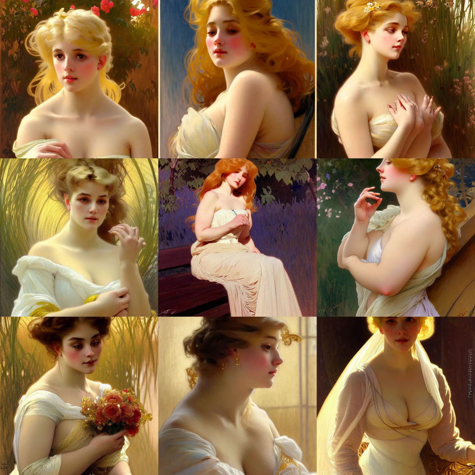 Prompt: painted portrait of a shy wife blessed by god with ever - increasing intelligence beauty and virtue. blonde, curvy holy body dressed modestly, light effect. feminine, powerful, in clothes! intricate, elegant, highly detailed, digital painting, artstation, concept art, smooth, sharp focus, illustration, art by gaston bussiere and alphonse mucha