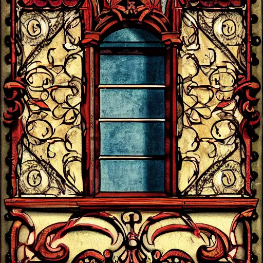 Prompt: digital illustration of a beautiful window open front view, complete window!, aesthetic, achenbach, andreas, angelico, fra, bellotto, bernardo, ornate, russian style, colorful architectural drawing, behance contest winner, vintage frame window