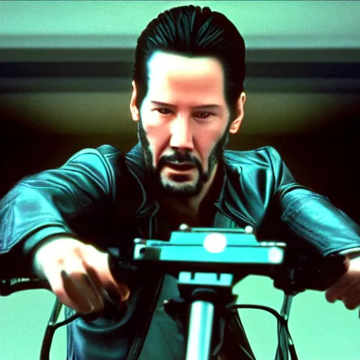 Image similar to beautiful hyperrealism three point perspective film still of Keanu Reeves as neo with machine gun in a motorcycle chase scene in Matrix(1990) extreme closeup portrait in style of 1990s frontiers in translucent porclein miniature street photography seinen manga fashion edition, miniature porcelain model, focus on face, eye contact, tilt shift style scene background, soft lighting, Kodak Portra 400, cinematic style, telephoto by Emmanuel Lubezki