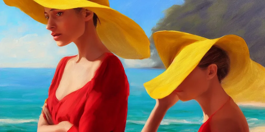 Image similar to beautiful oil matte portrait painting, young woman with red dress and mustard yellow summer hat at a beach on a sunny day, wonderful masterpiece highly detailed, beautiful cinematic light deep focus, elegant, digital painting, smooth, sharp focus, golden ratio, dramatic illumination, ultra realistic, 8 k, art by jimmy law