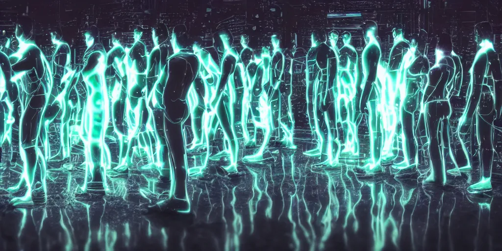 Prompt: groups of androids with glowing electronic bodies, from behind, rebirth, beauty, wide angle, elaborate, wet, highly detailed, colors, beautiful lighting