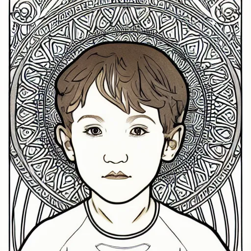 Image similar to clean simple line art of a little boy with short hair. no background. well composed, clean coloring book page, beautiful detailed face. coloring book line art by greg rutkowski and johanna basford and alphonse mucha