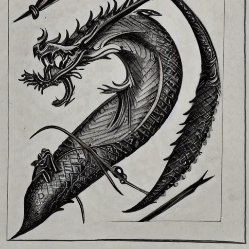 Prompt: Ornate glaive with an illustration of an Eastern-styled dragon