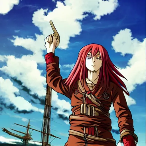 Image similar to sky-pirate with long red hair in front of a sky-ship, vinland saga, anime style