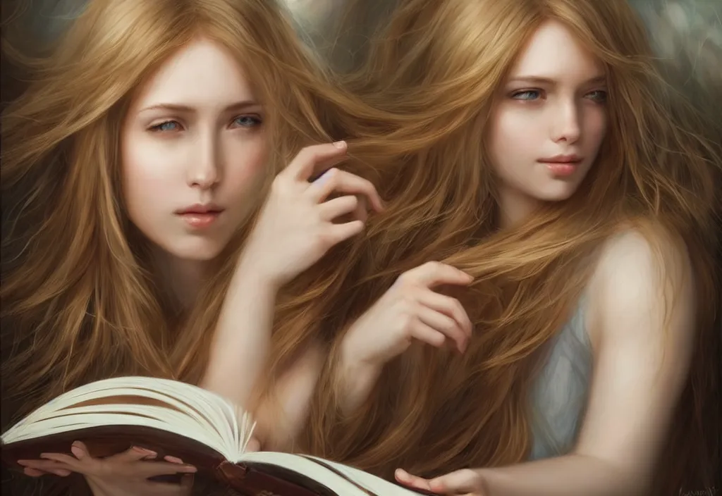 Image similar to a girl reading a book, hair flowing down, 8 k, hyperrealistic, hyperdetailed, fantasy portrait by laura sava, singular woman