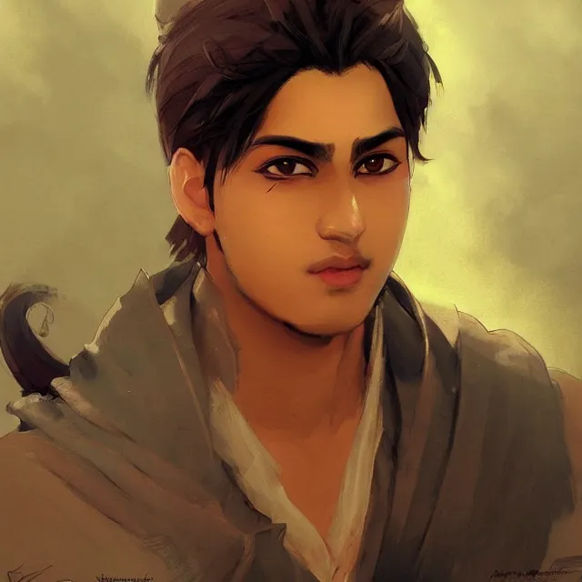 Image similar to handsome indian anime character, medium close up portrait, elegant, digital painting, artstation, concept art, smooth, sharp focus, illustration, art by konstantin korovin and daniel f. gerhartz and john howe